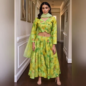 Beautiful Silk Floral Green Lehenga Choli